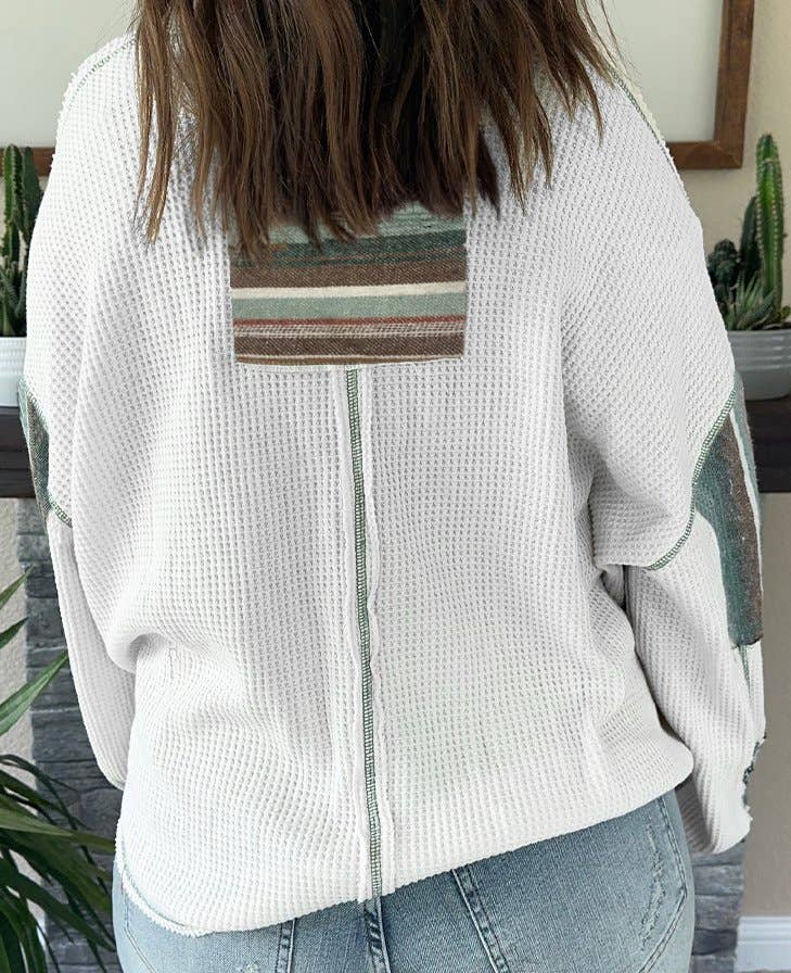Striped Patchwork Exposed Seam Waffle Knit Top