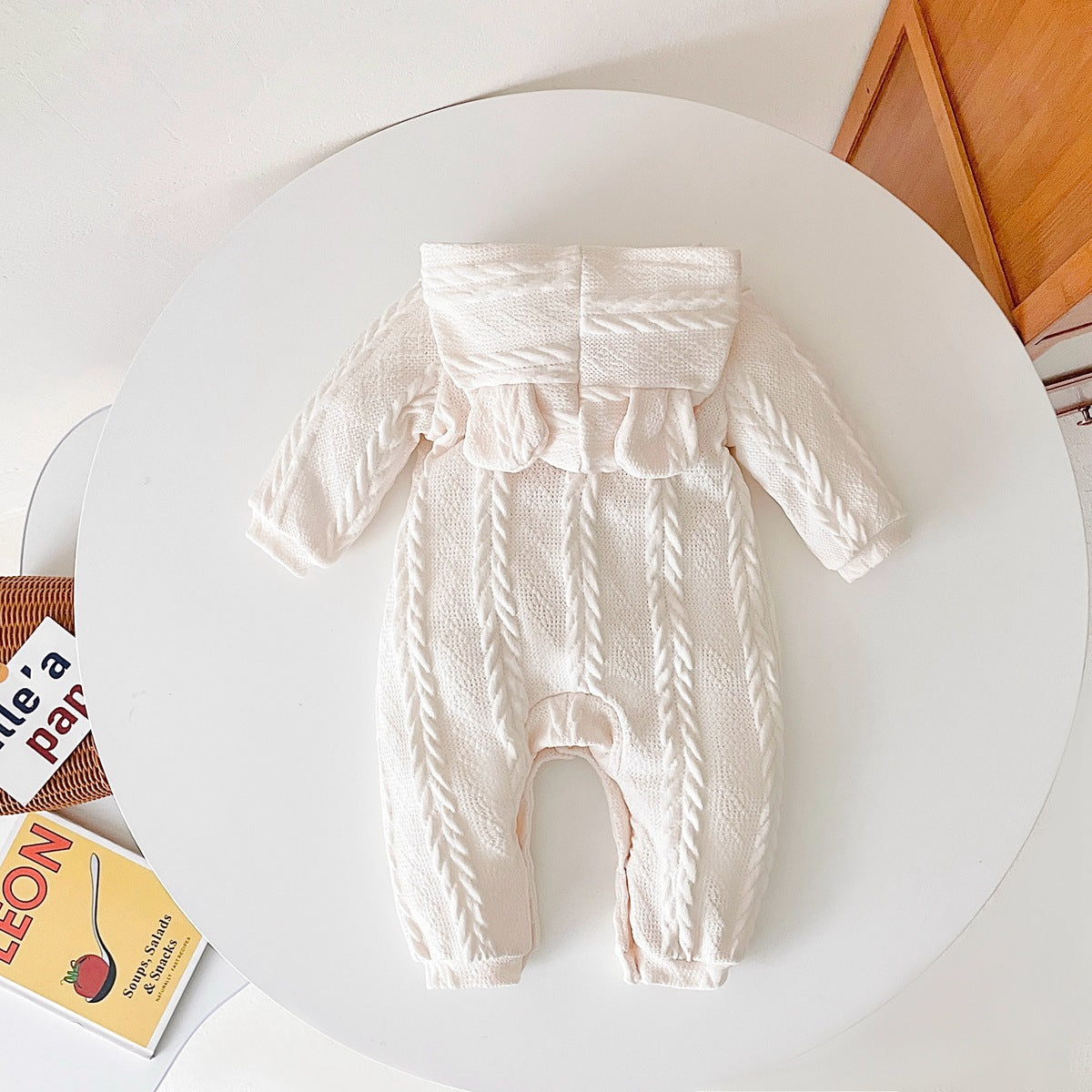 Cable-Knit Long Sleeve Hooded Snapped Jumpsuit