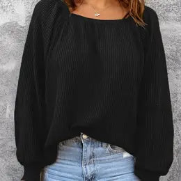 Scoop Neck Puff Sleeve Waffle Knit Casual Top