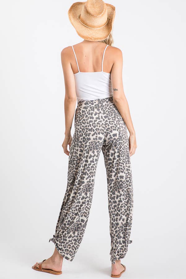 Leopard Print Lightweight Split Side Ankle Tie Pants P3377