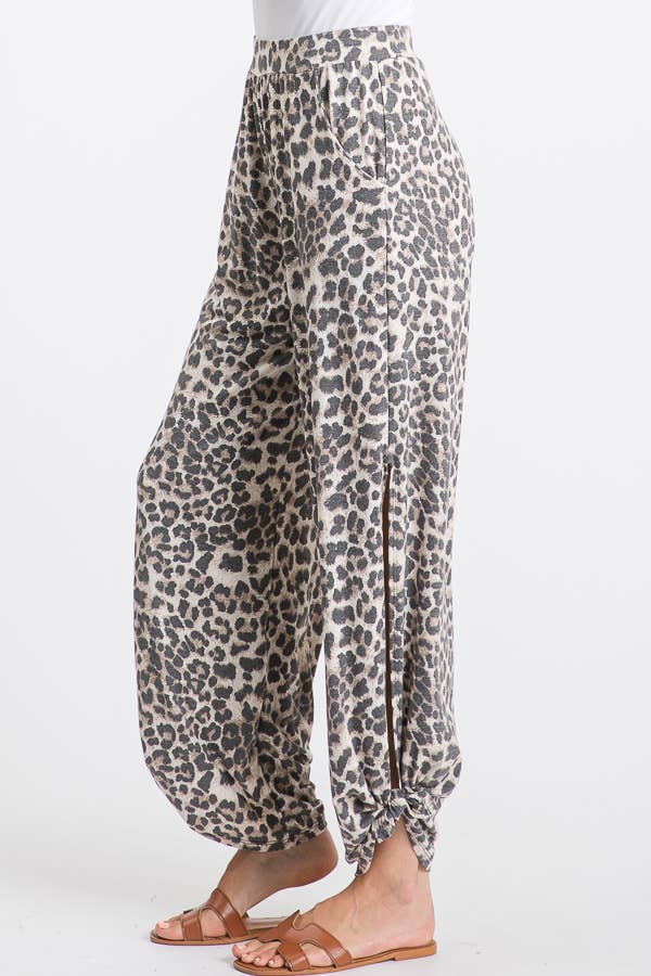 Leopard Print Lightweight Split Side Ankle Tie Pants P3377