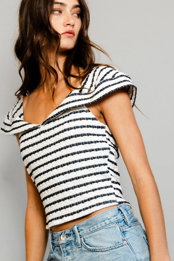 STRIPE PRINT V-NECK CROP TOP IVORY/BLACK