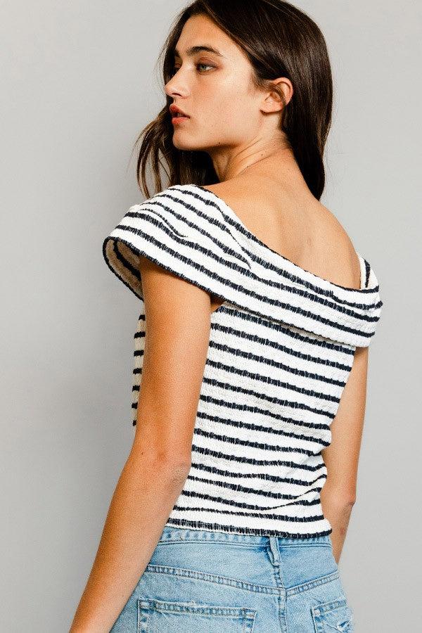 STRIPE PRINT V-NECK CROP TOP IVORY/BLACK