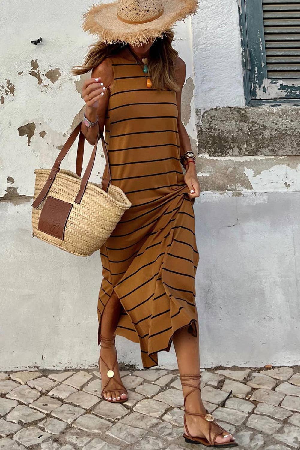Stripe Print Open Back Sleeveless Maxi Dress with Slit