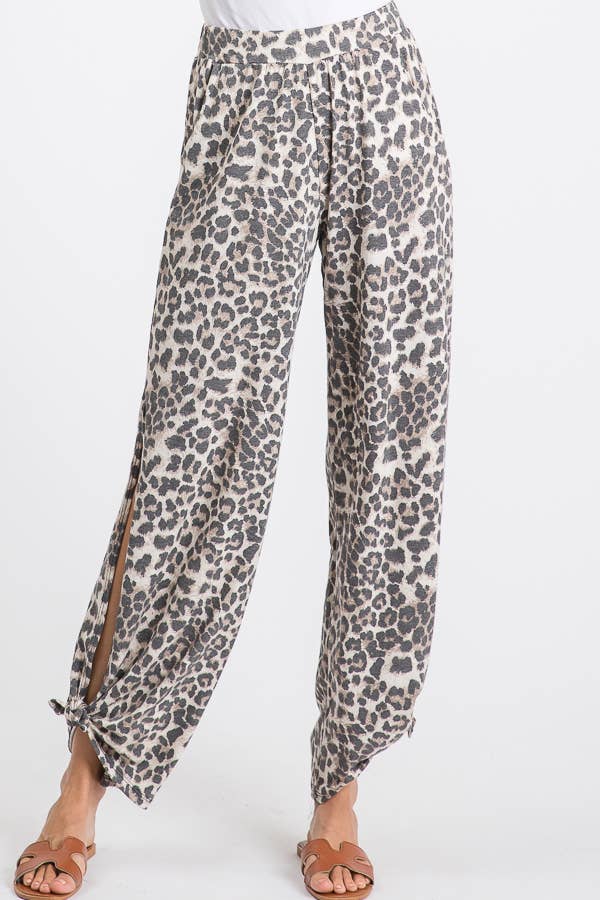 Leopard Print Lightweight Split Side Ankle Tie Pants P3377