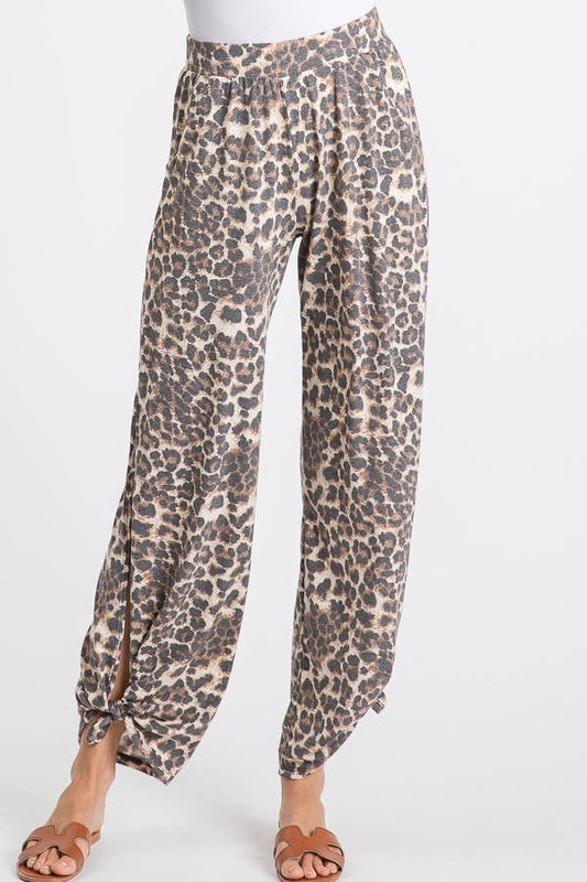 Leopard Print Lightweight Split Side Ankle Tie Pants P3377