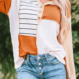 Orange Stripe Color Block Splicing Long Sleeve Henley Top