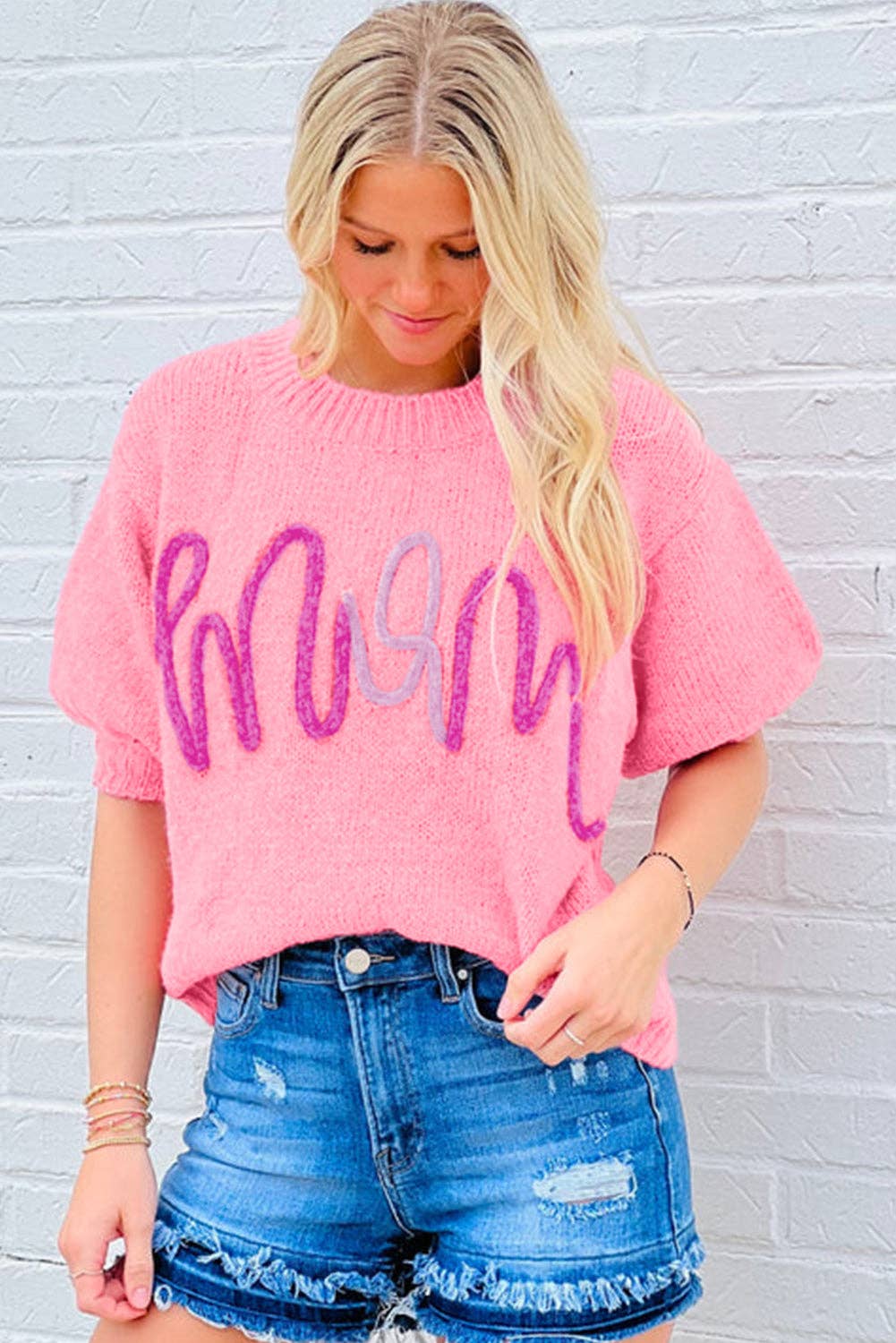 Bonbon Mom Tinsel Front Short Sleeve Sweater