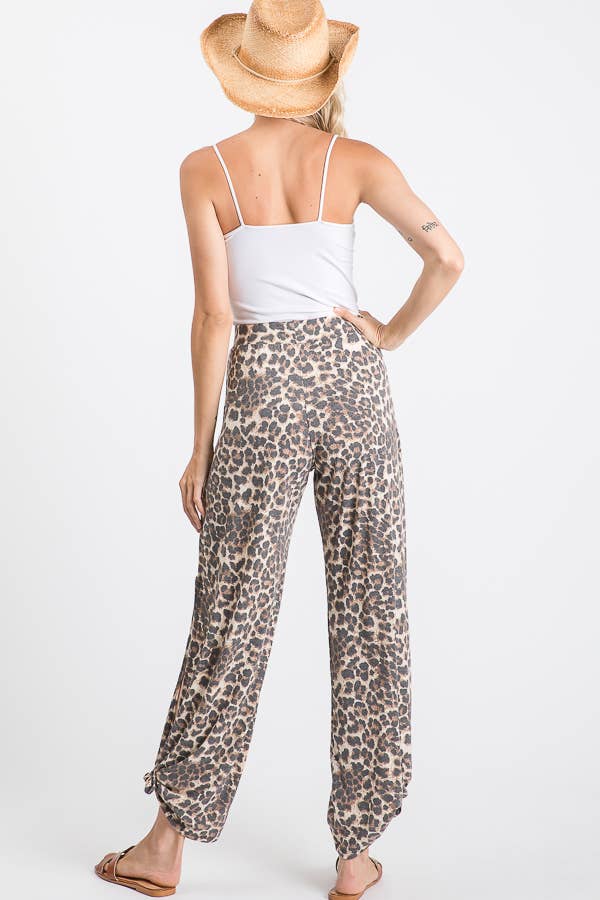 Leopard Print Lightweight Split Side Ankle Tie Pants P3377