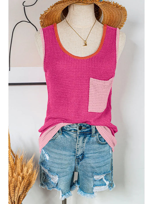 Color Block Patched Pocket Breathable Knit Tank Top